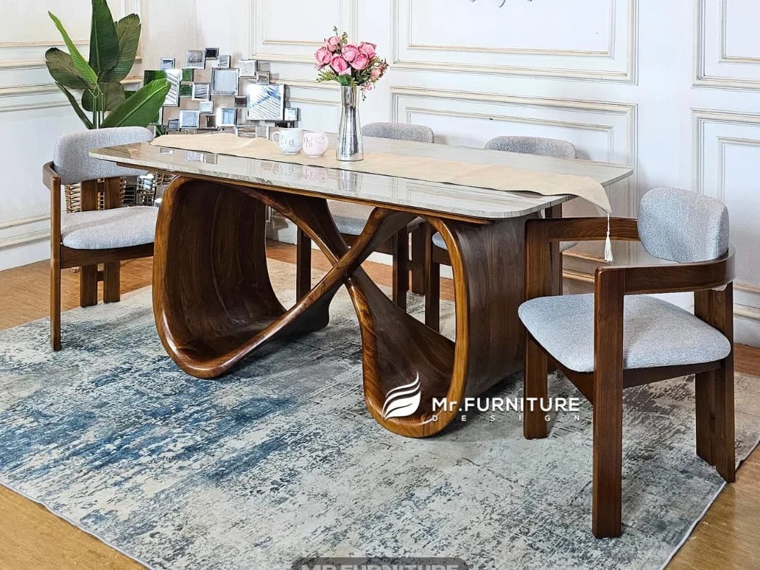 Set Meja Makan Elegan dari Kayu Jati Padat dan Marmer Serpeggiante dengan 4 Kursi