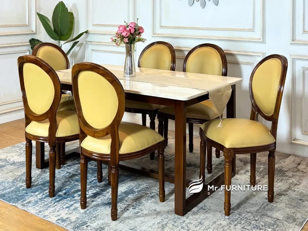 Set Meja Makan Kayu Jati Marmer 150x90 dengan 6 Kursi Oval